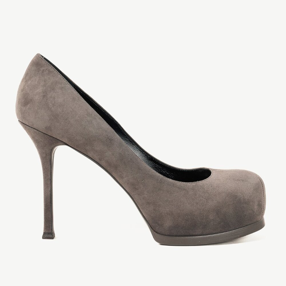 Saint Laurent Tribute Earth Grey Suede Platform Pumps